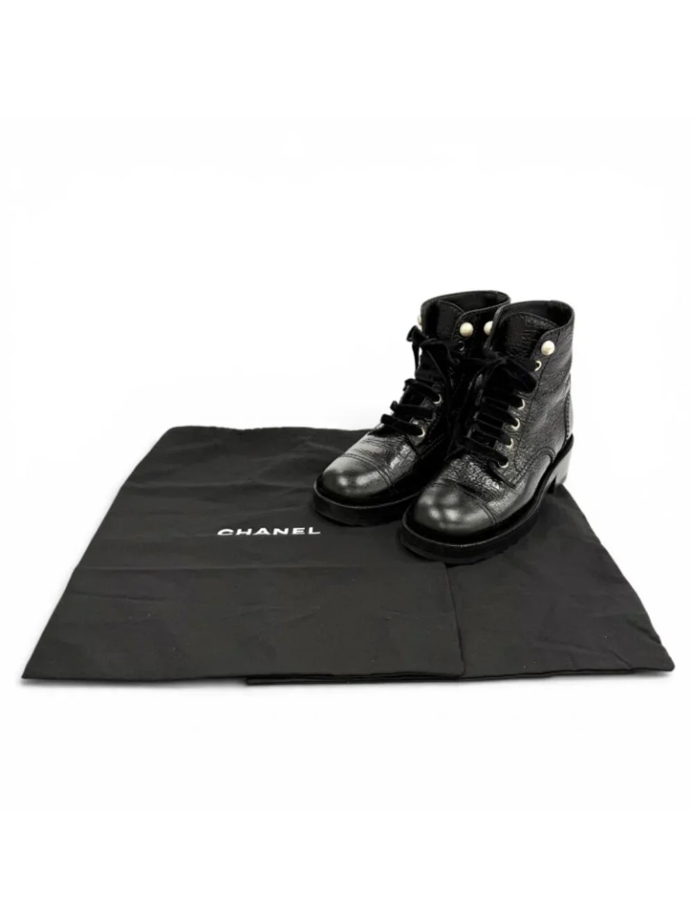 Chanel CC Logo Lace Up Leather Engineer Boots Black 36 with Faux Pearl